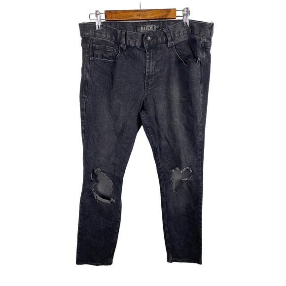 Rude Distressed 34x31 Skinny Jeans Black Denim Hot Topic Mens Stretch 34 x 31 - Picture 1 of 9